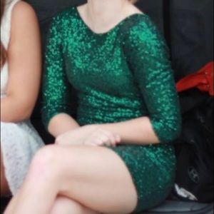 Green, quarter sleeve, low back, green sequin, short mini dress, form fitting